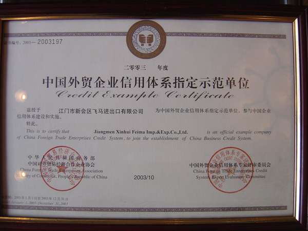 Certificate of Example Company of China Foreign Trade Enterprise Credit System
